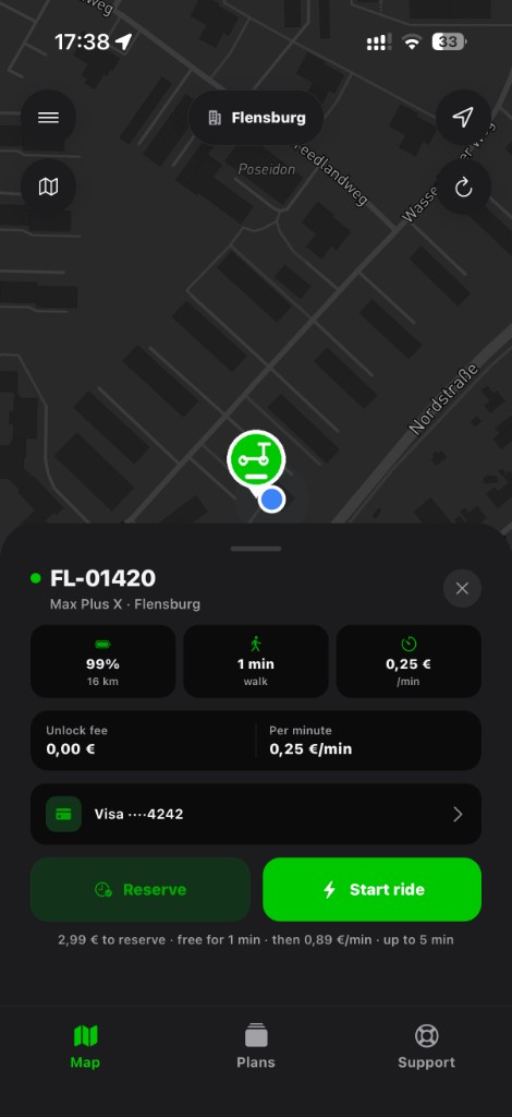VAOW customer app showing vehicle details and Start ride